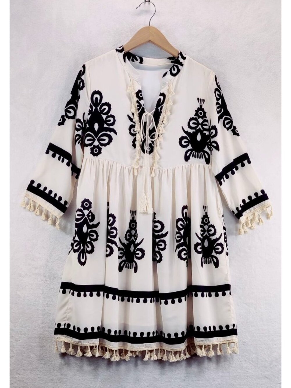 Southwestern Mini Dress Ivory Black M Babby-Doll Trim & Tassels Boho Festival